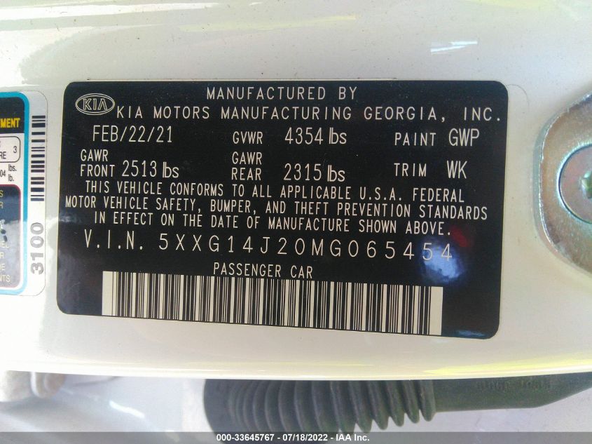 2021 KIA K5 LXS 5XXG14J20MG065454