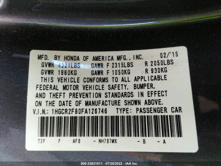 2015 HONDA ACCORD EXL 1HGCR2F80FA126746