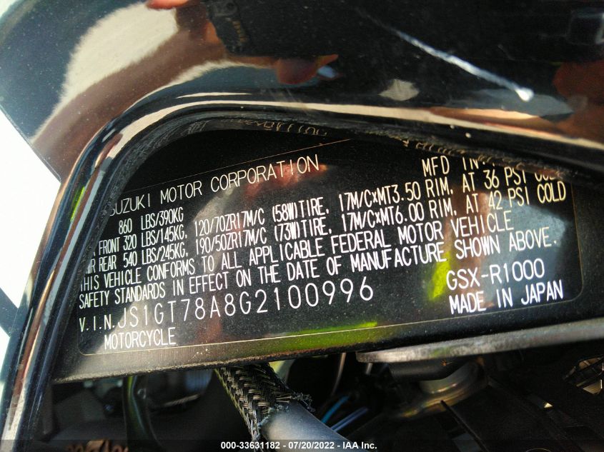 2016 SUZUKI GSX-R1000 JS1GT78A8G2100996