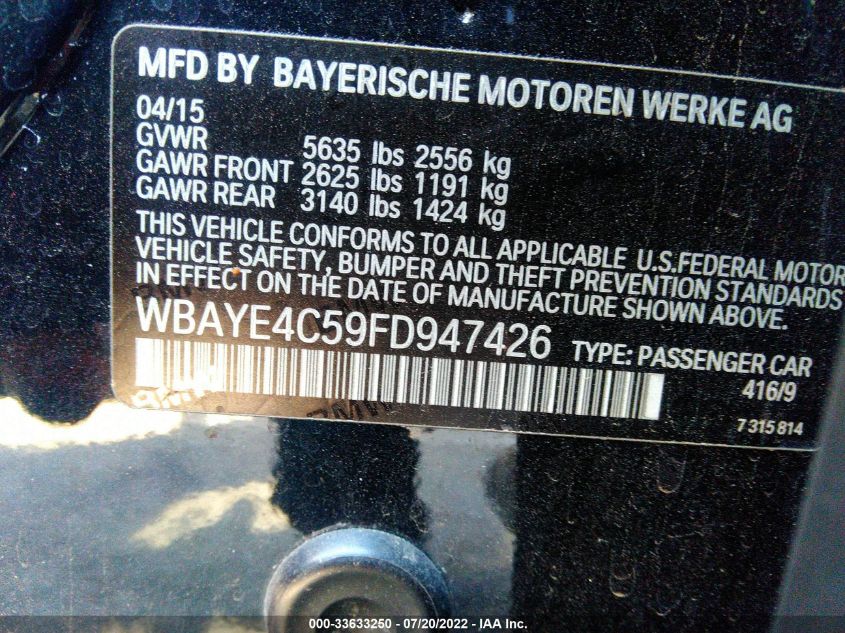 2015 BMW 7 SERIES 740LI WBAYE4C59FD947426
