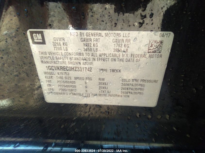 2017 CHEVROLET SILVERADO K1500 LT 1GCVKREC0HZ331742