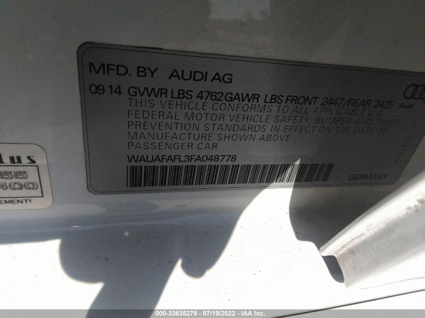 2015 AUDI A4 PREMIUM WAUAFAFL3FA048778