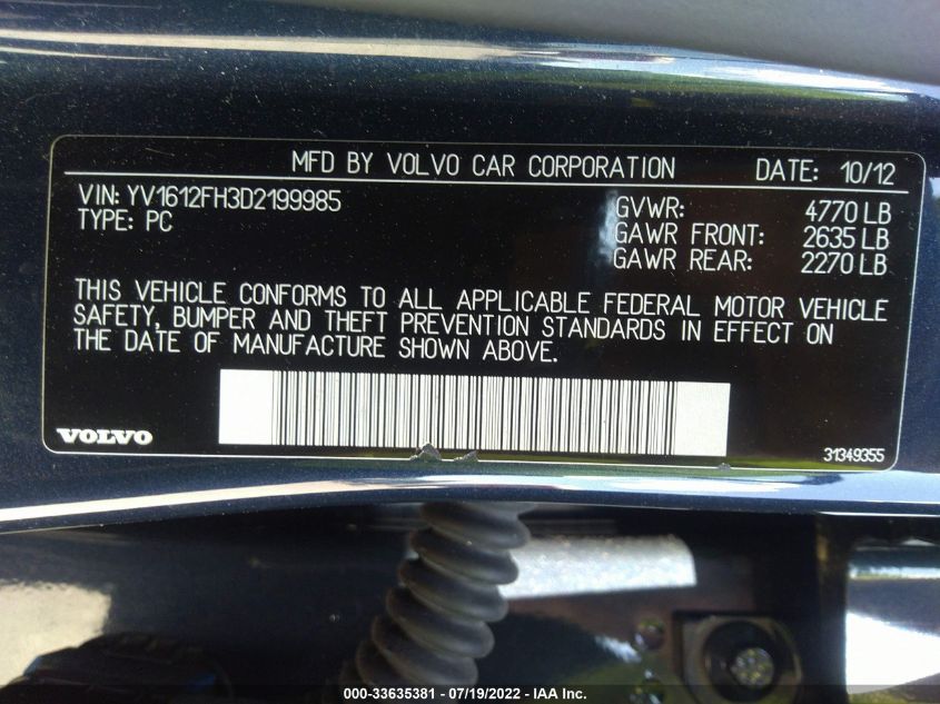 2013 VOLVO S60 T5 YV1612FH3D2199985