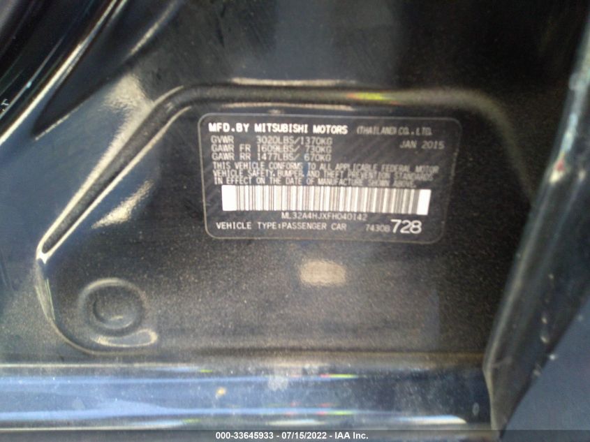 2015 MITSUBISHI MIRAGE ES/RF ML32A4HJXFH040142