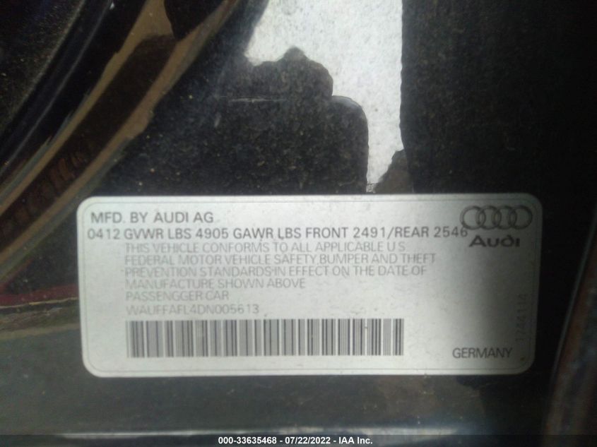 2013 AUDI A4 PREMIUM PLUS WAUFFAFL4DN005613
