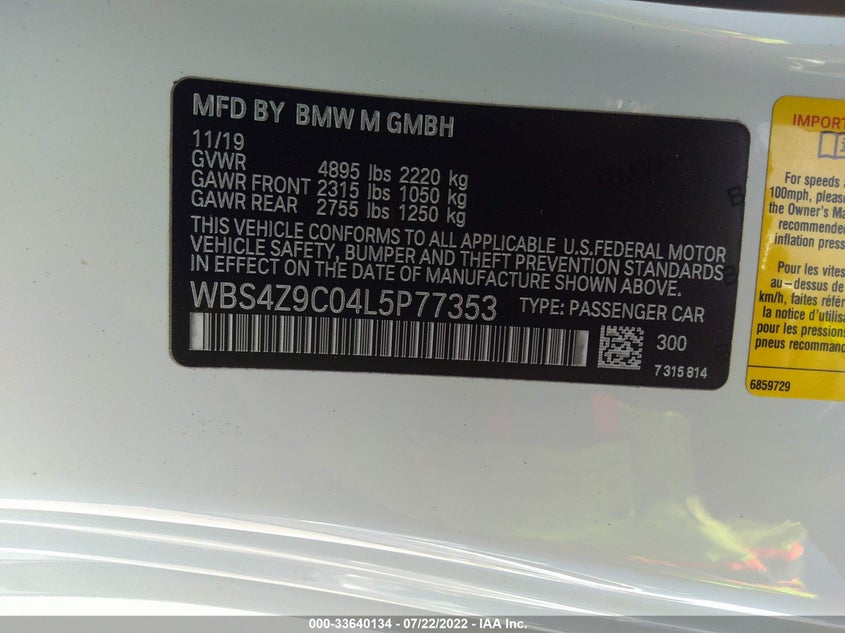 VIN WBS4Z9C04L5P77353 2020 BMW M4