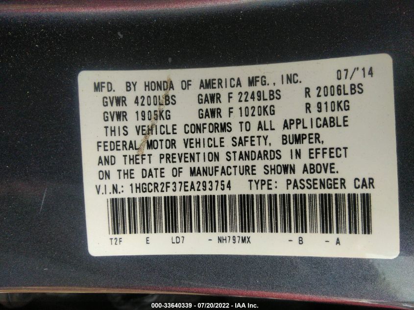 2014 HONDA ACCORD LX 1HGCR2F37EA293754