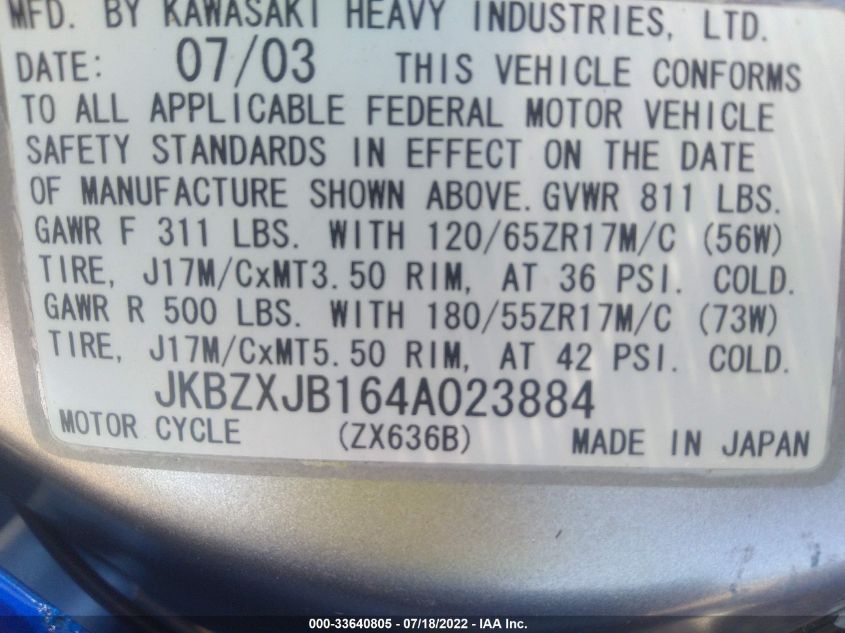 2004 KAWASAKI ZX636 B1 JKBZXJB164A023884
