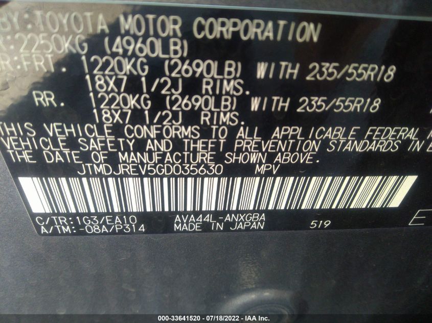 2016 TOYOTA RAV4 HYBRID LIMITED JTMDJREV5GD035630