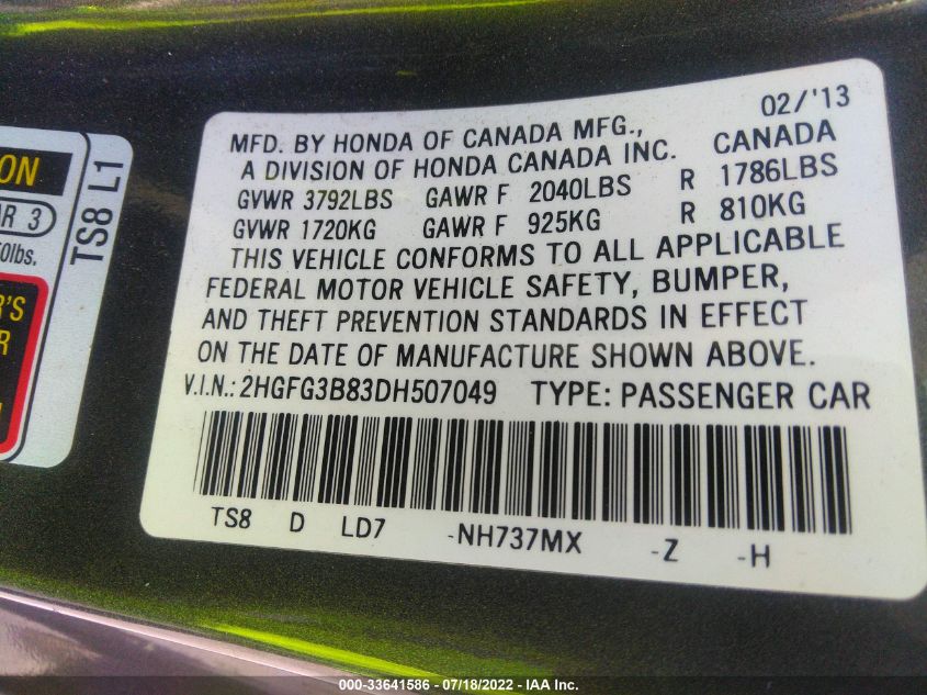 2013 HONDA CIVIC CPE EX 2HGFG3B83DH507049