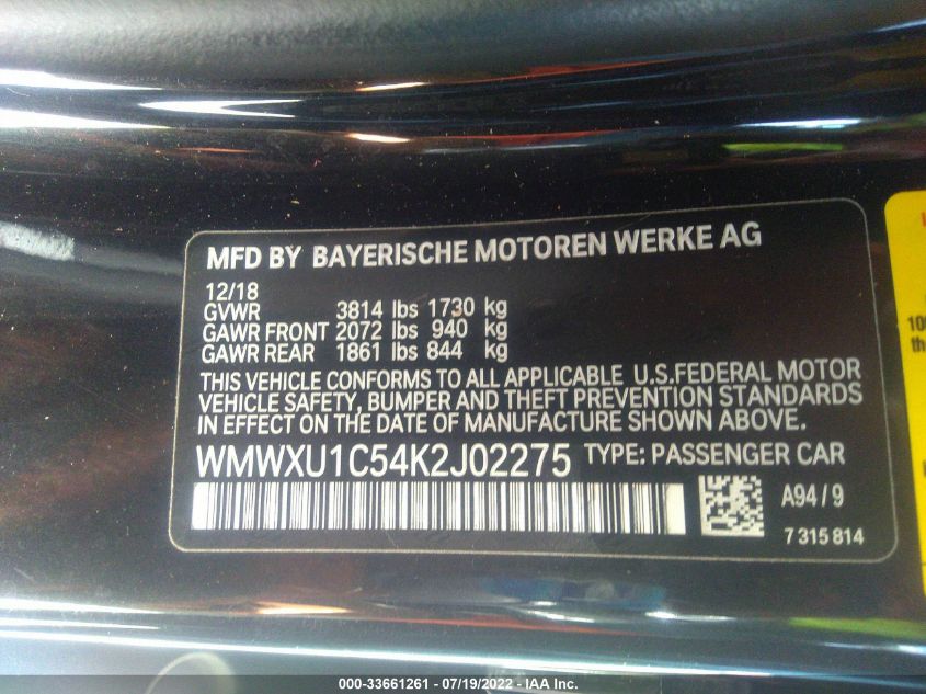 2019 MINI HARDTOP 4 DOOR COOPER WMWXU1C54K2J02275