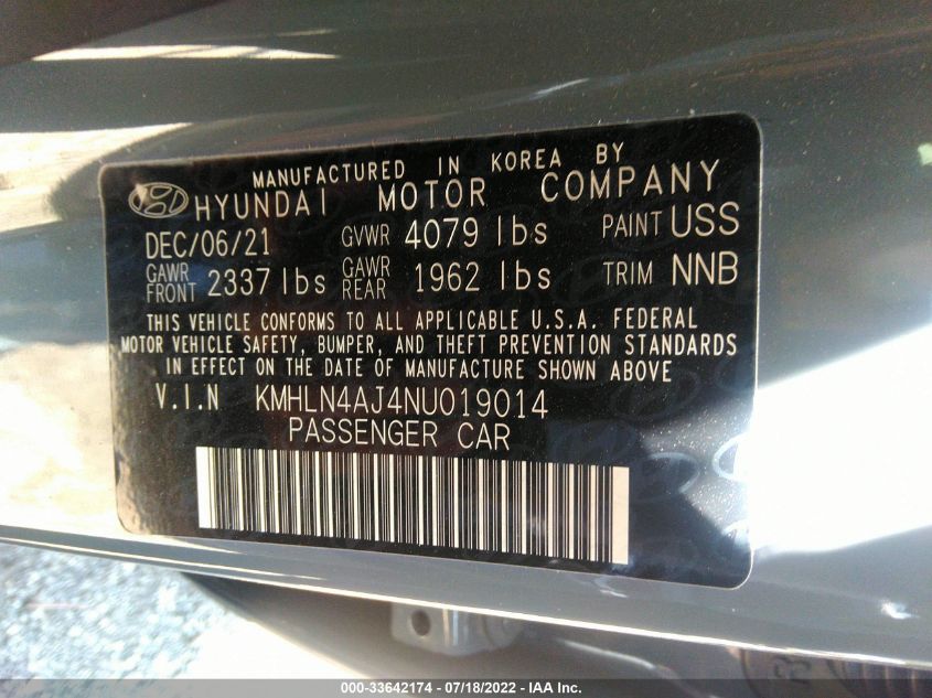 2022 HYUNDAI ELANTRA HYBRID LIMITED KMHLN4AJ4NU019014