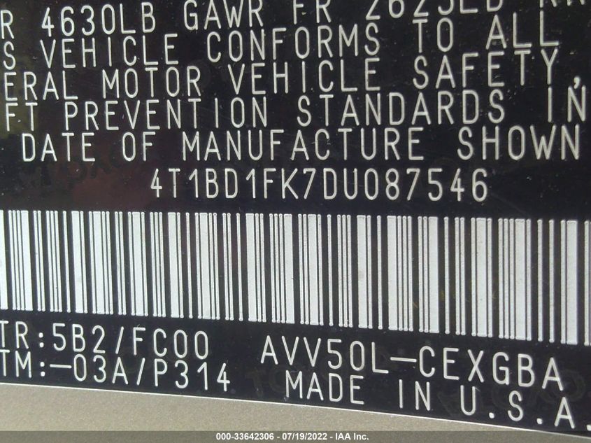 2013 TOYOTA CAMRY HYBRID XLE 4T1BD1FK7DU087546