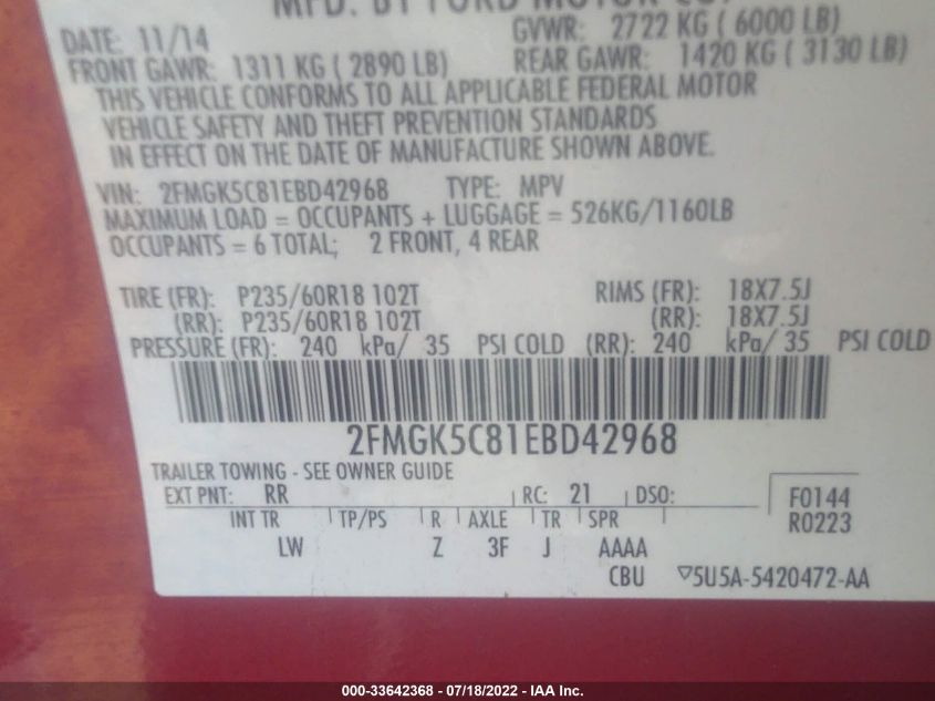 2014 FORD FLEX SEL 2FMGK5C81EBD42968
