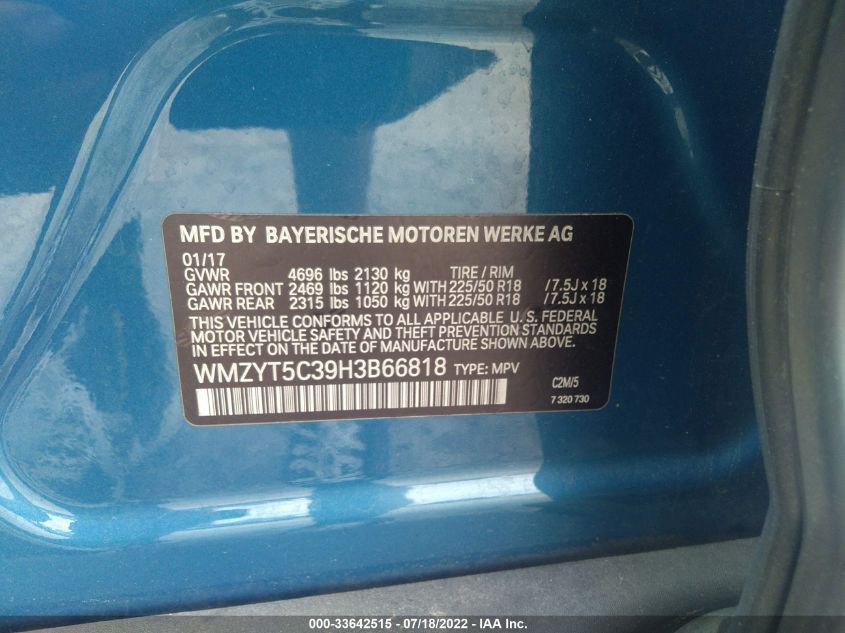 2017 MINI COUNTRYMAN S COUNTRYMAN ALL4 WMZYT5C39H3B66818