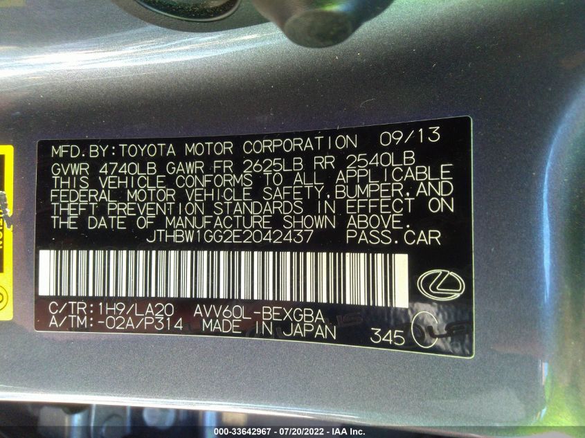 2014 LEXUS ES 300H HYBRID JTHBW1GG2E2042437