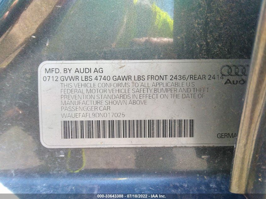 2013 AUDI A4 PREMIUM PLUS WAUEFAFL9DN017025