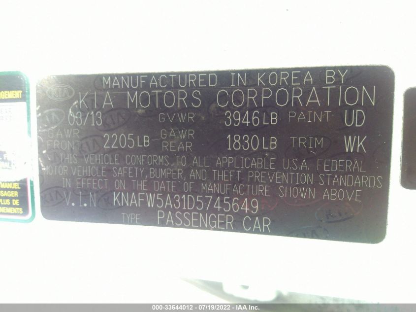 2013 KIA FORTE 5-DOOR SX KNAFW5A31D5745649