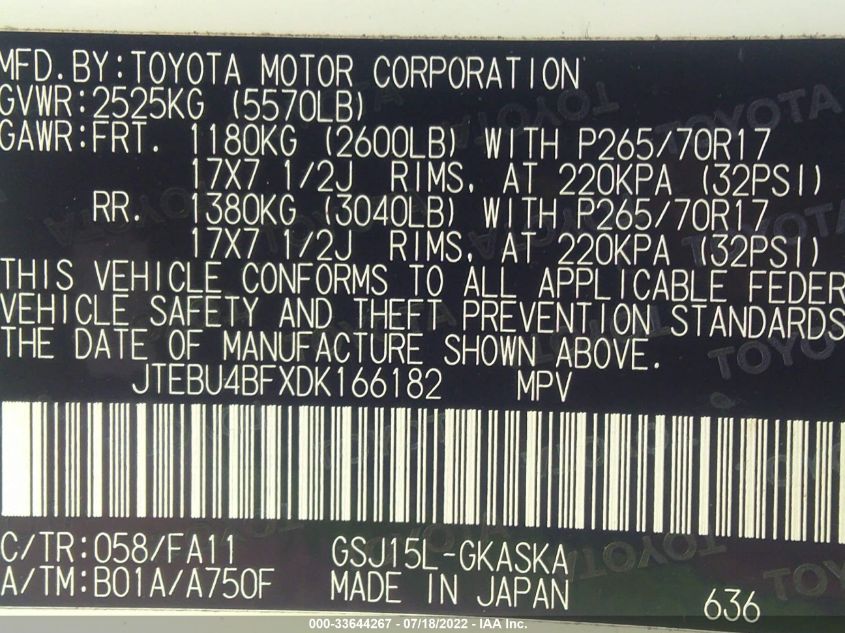 2013 TOYOTA FJ CRUISER JTEBU4BFXDK166182
