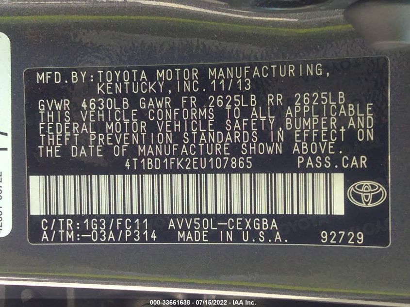 2014 TOYOTA CAMRY HYBRID LE/XLE/SE LIMITED EDITION 4T1BD1FK2EU107865