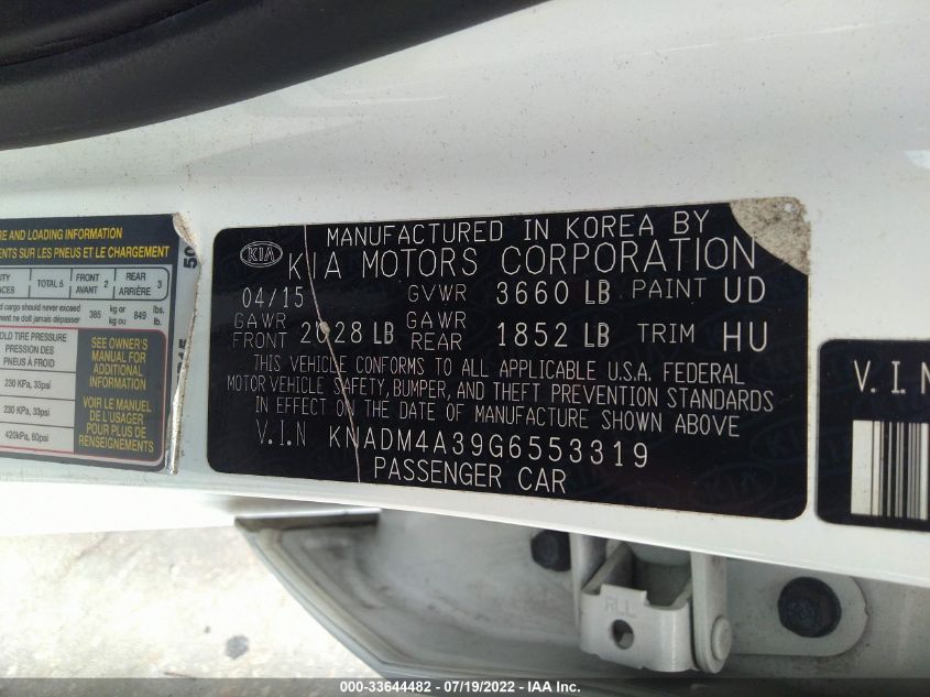 2016 KIA RIO LX KNADM4A39G6553319