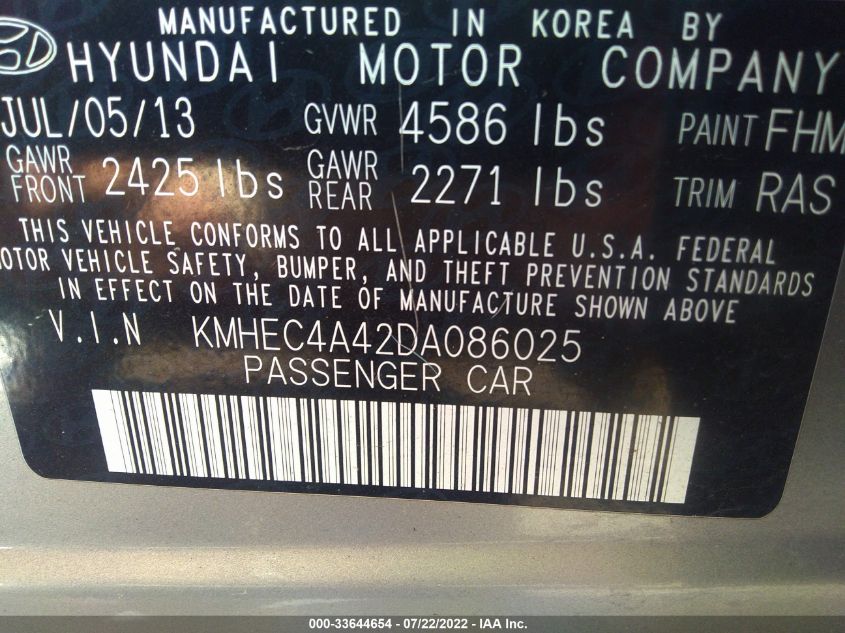 2013 HYUNDAI SONATA HYBRID LIMITED KMHEC4A42DA086025