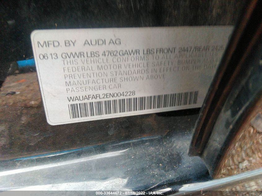 2014 AUDI A4 PREMIUM WAUAFAFL2EN004228