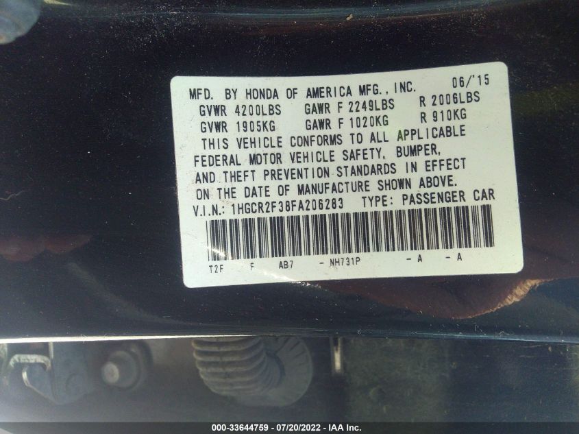 2015 HONDA ACCORD LX 1HGCR2F38FA206283