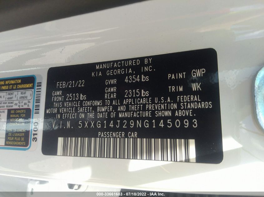 2022 KIA K5 LXS 5XXG14J29NG145093