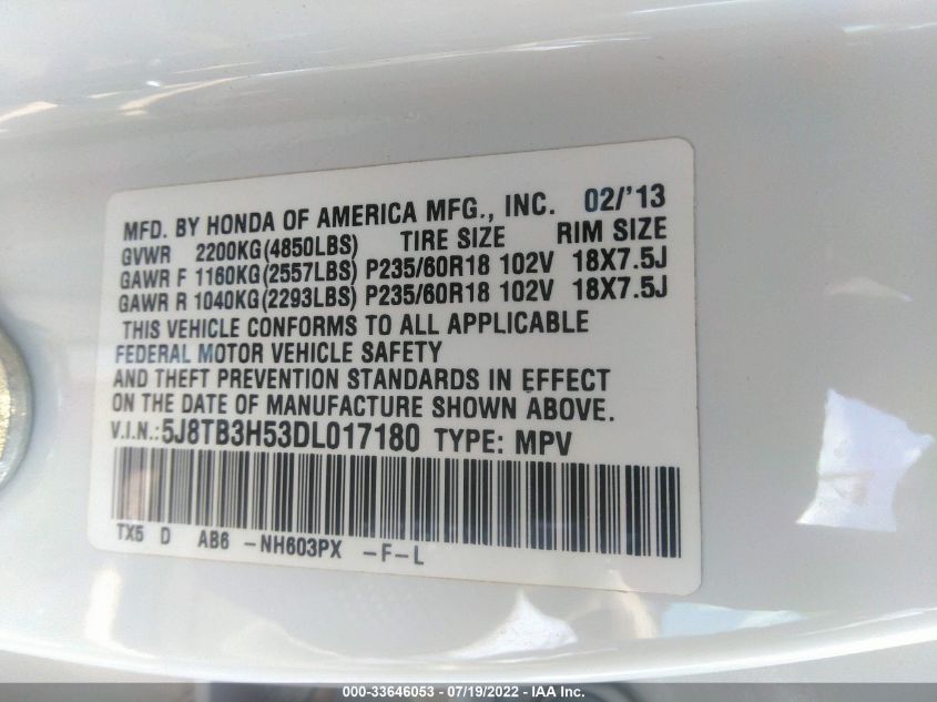 2013 ACURA RDX TECH PKG 5J8TB3H53DL017180