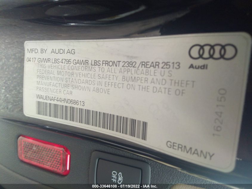 2017 AUDI A4 PREMIUM PLUS WAUENAF44HN068613