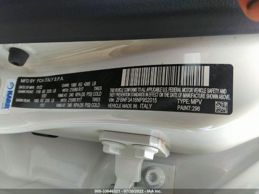 2022 FIAT 500X POP ZFBNF3A16NP952015