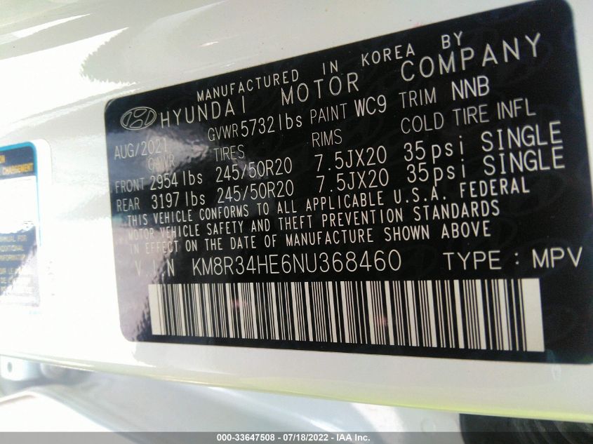 2022 HYUNDAI PALISADE SEL KM8R34HE6NU368460