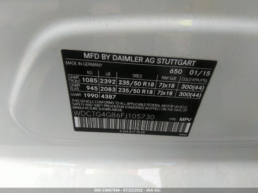 2015 MERCEDES-BENZ GLA-CLASS GLA 250 WDCTG4GB6FJ105730