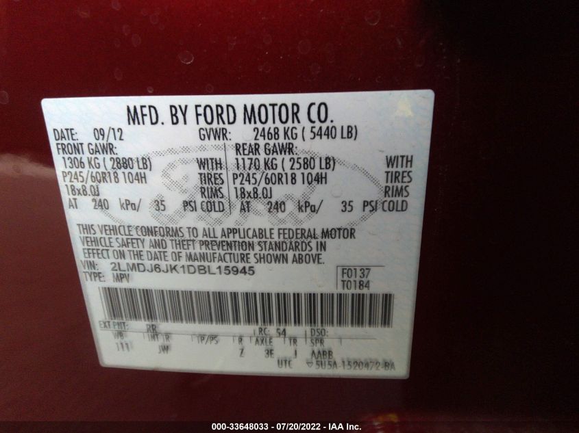 2013 LINCOLN MKX 2LMDJ6JK1DBL15945