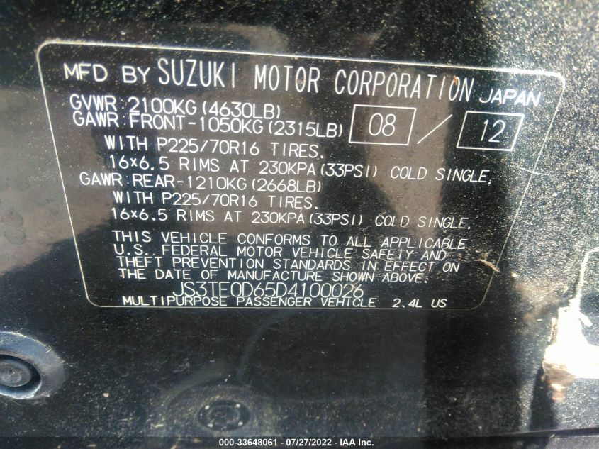 2013 SUZUKI GRAND VITARA PREMIUM JS3TE0D65D4100026