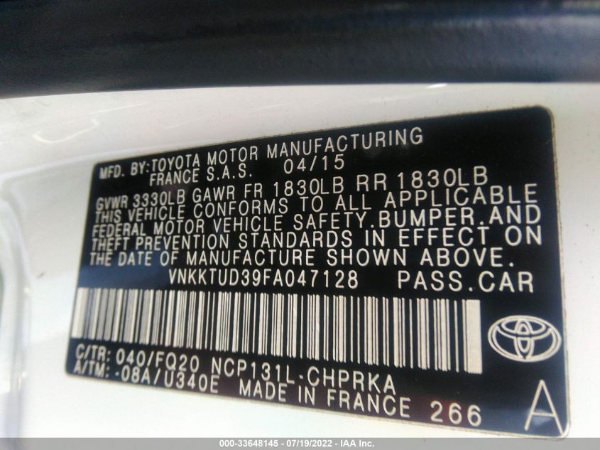 2015 TOYOTA YARIS VNKKTUD39FA047128