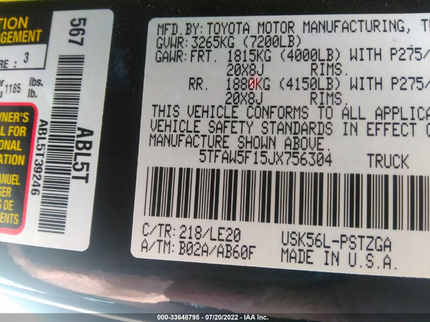 2018 TOYOTA TUNDRA CREWMAX 1794/PLATINUM 5TFAW5F15JX756304