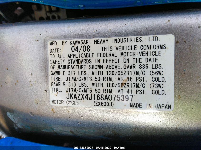 2008 KAWASAKI ZX600 J1 JKAZX4J168AO75397