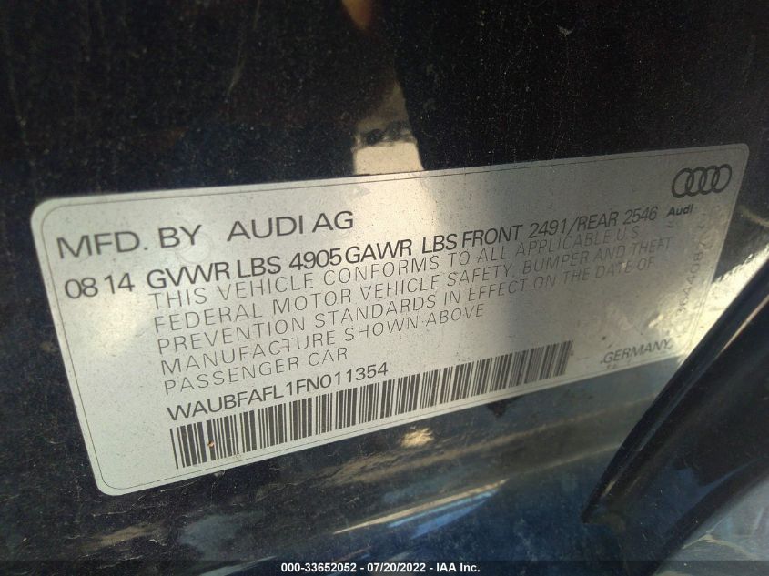 2015 AUDI A4 PREMIUM WAUBFAFL1FN011354