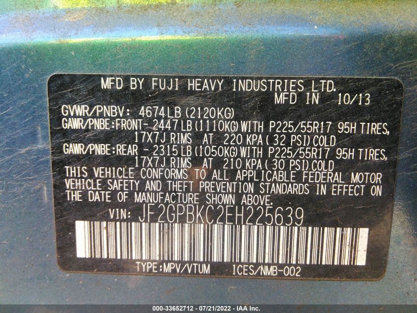 2014 SUBARU XV CROSSTREK HYBRID TOURING JF2GPBKC2EH225639
