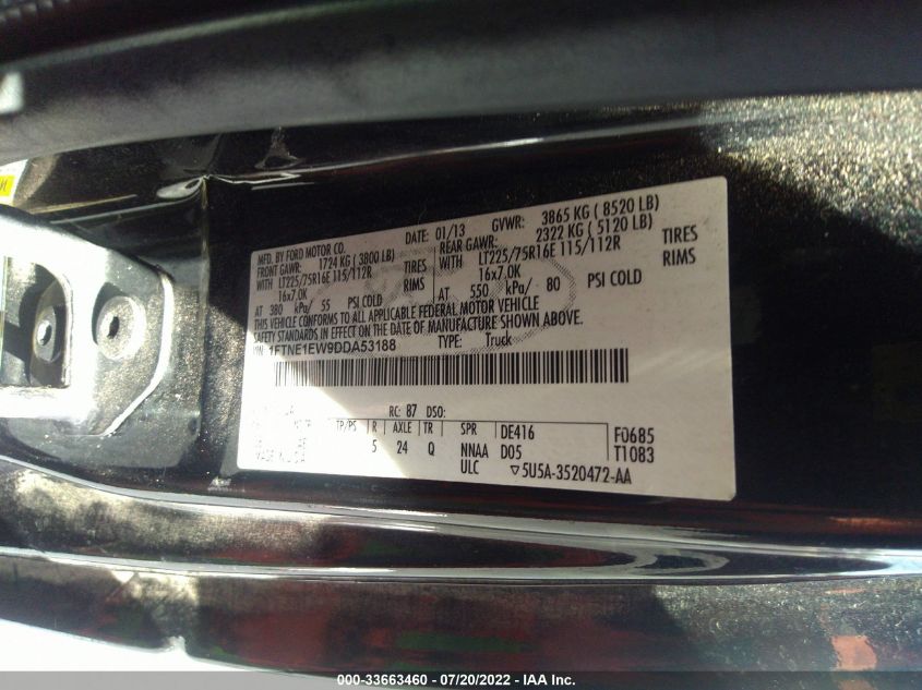 2013 FORD ECONOLINE CARGO VAN COMMERCIAL/RECREATIONAL 1FTNE1EW9DDA53188