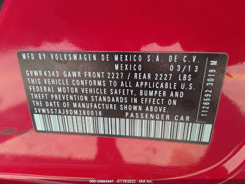 2013 VOLKSWAGEN GLI 3VW5S7AJ9DM280016