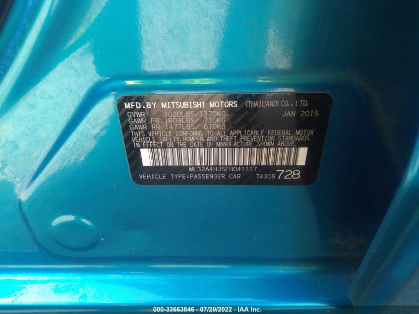 2015 MITSUBISHI MIRAGE ES/RF ML32A4HJ5FH041117