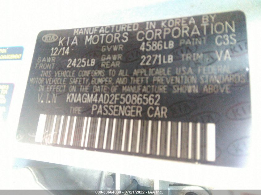 2015 KIA OPTIMA HYBRID KNAGM4AD2F5086562