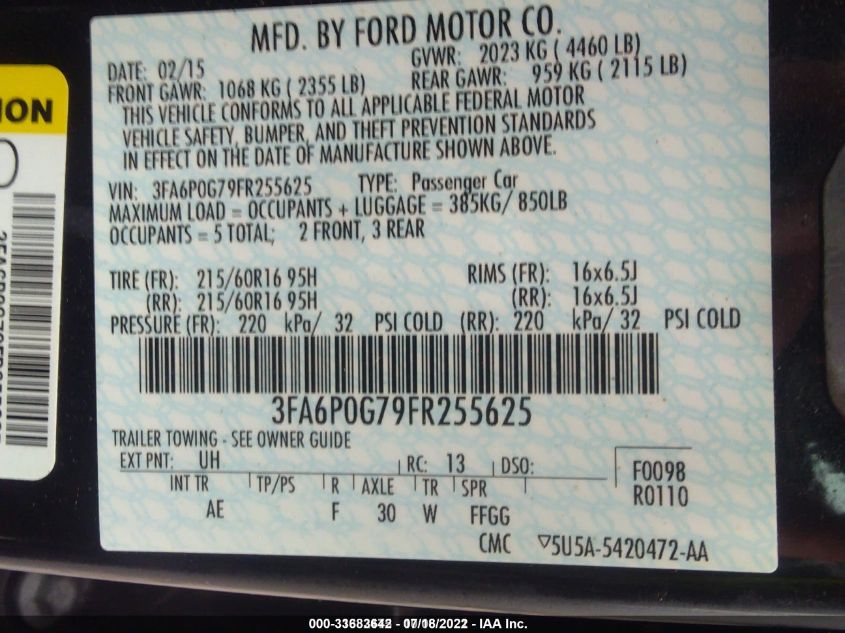 2015 FORD FUSION S 3FA6P0G79FR255625