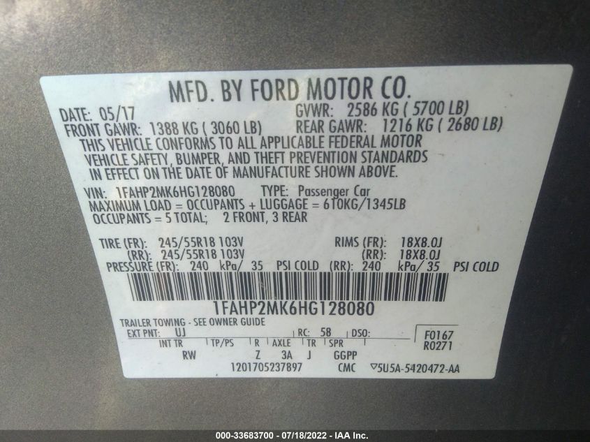 2017 FORD POLICE INTERCEPTOR SEDAN 1FAHP2MK6HG128080