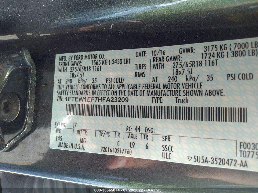 2017 FORD F150 SUPERCREW 1FTEW1EF7HFA23209
