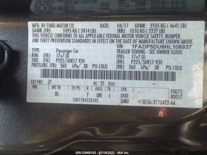 2017 FORD C-MAX HYBRID TITANIUM 1FADP5DU6HL108937