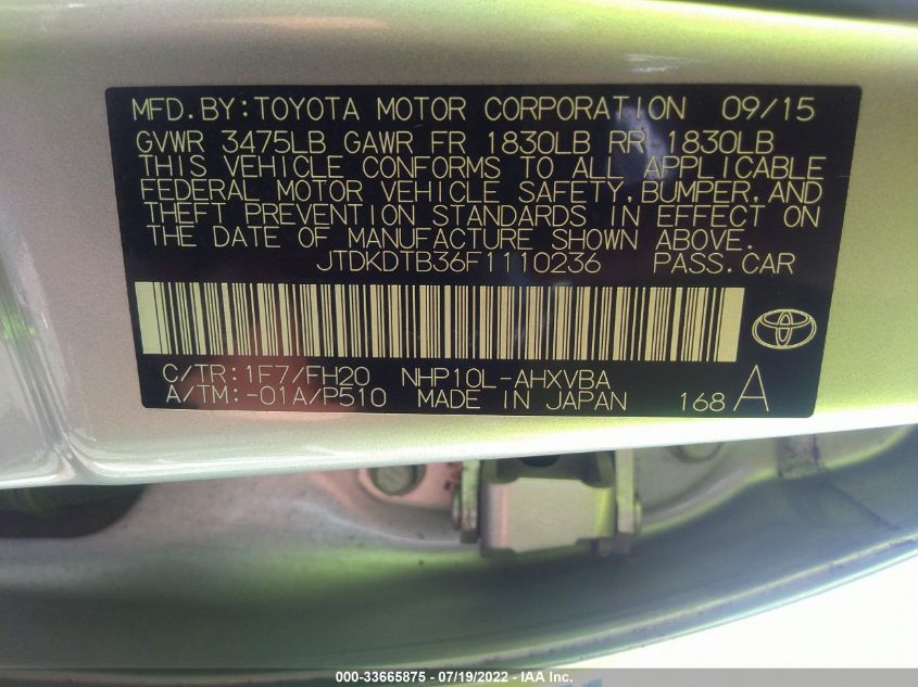 2015 TOYOTA PRIUS C JTDKDTB36F1110236